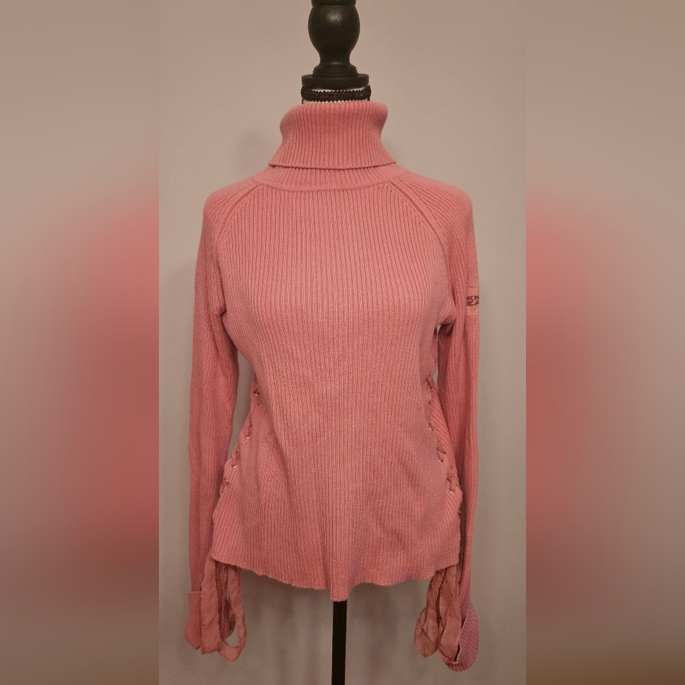 ​Vintage DKNY Jeans Pink Ribbed Turtleneck Sweater Side Lace Up Y2K size XL